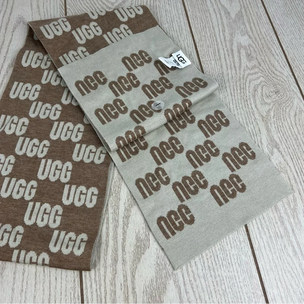 UGG Women's Checked Graphic Logo Scarf OS Chestnut Multi $88